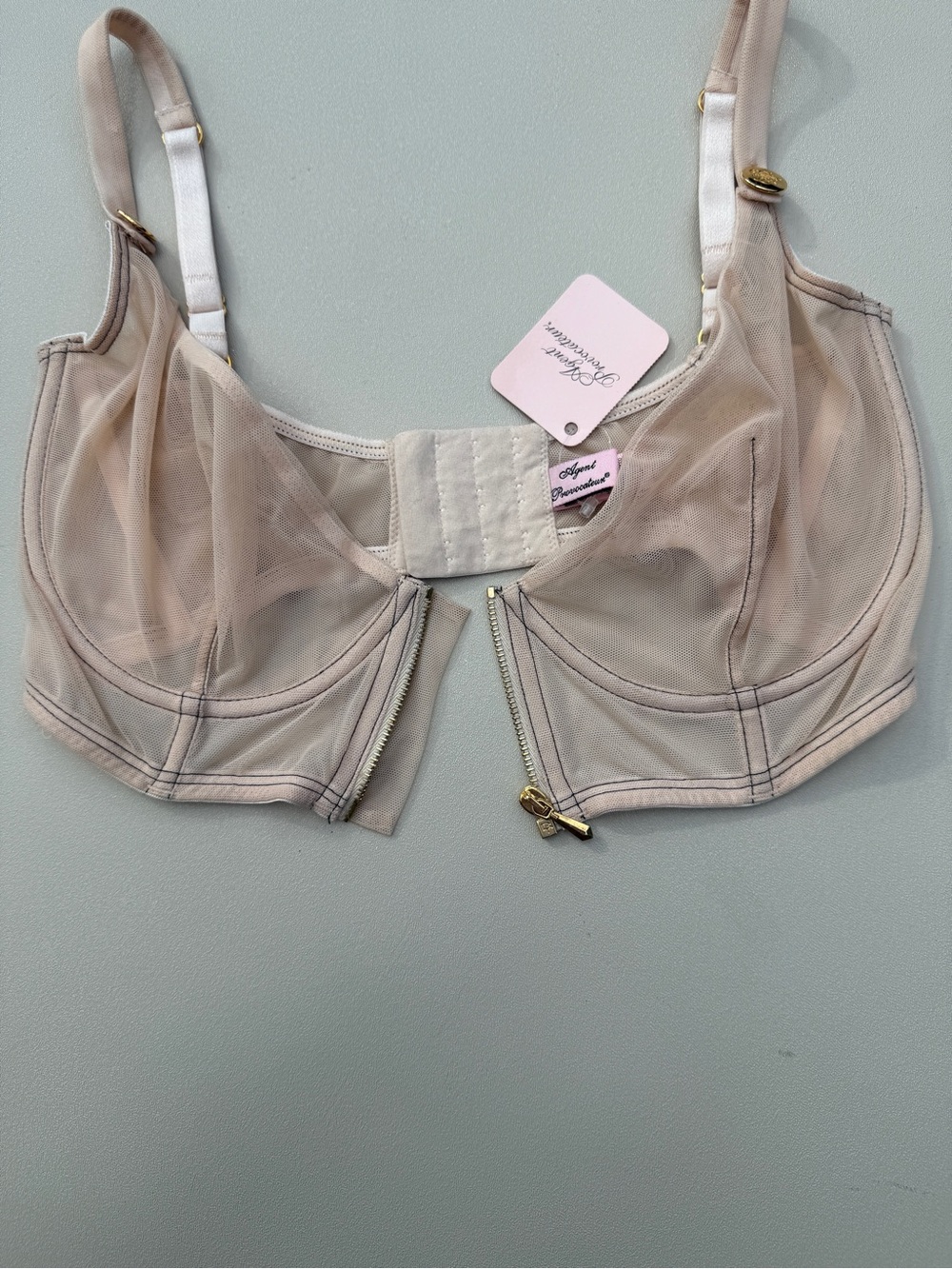 2009 Agent Provocateur Pale Blush Pink Mesh Faux-Denim Bra & Hot Pants Set - Picture 10 of 13